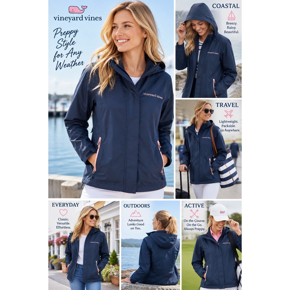 Vineyard Vines Navy Blue Stow & Go Rain Jacket Wind Resistant Hooded Coat